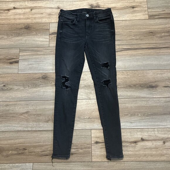 Women's American Eagle Jeans SZ 4 Regular Jegging Black Denim Stretch Distressed - Picture 1 of 13